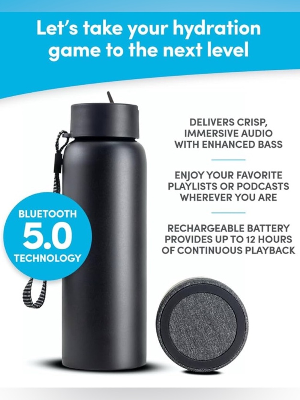 TYLT Hydration Bottle + Bluetooth Speaker. 24 oz.Insulated Bottle w/ Carry Strap